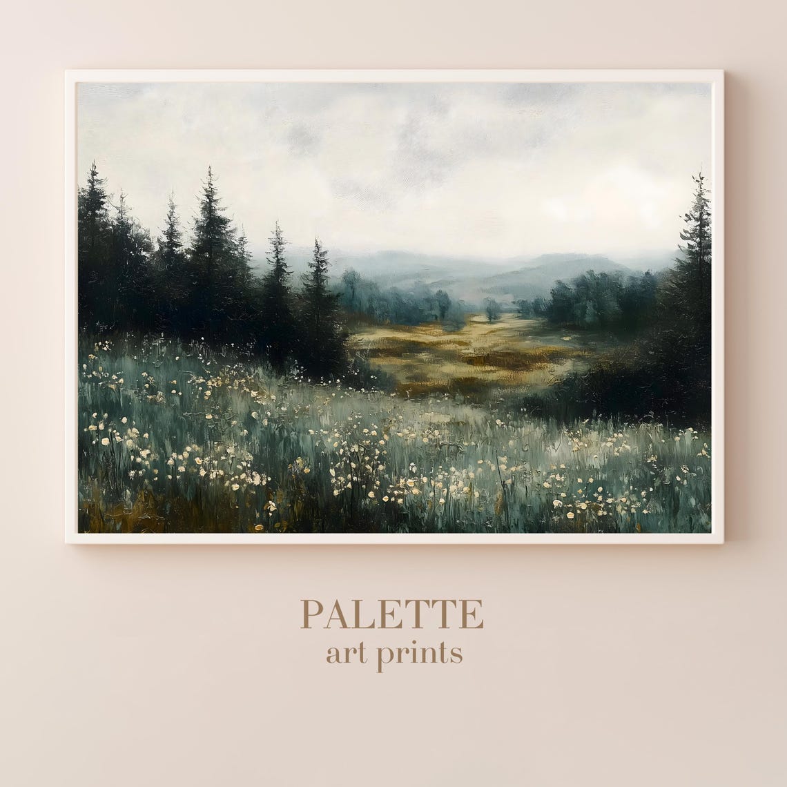 Misty Meadow Wildflowers Dark Pines Tranquil Forest Landscape Poster - Image 3