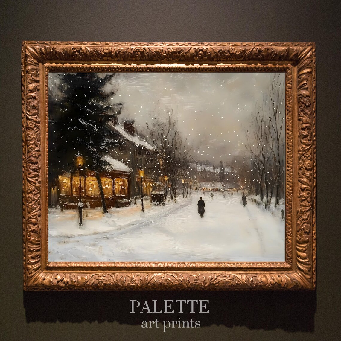 Snowy Winter Village Street Glowing Lamps Evening Scene Wall Art - Image 3