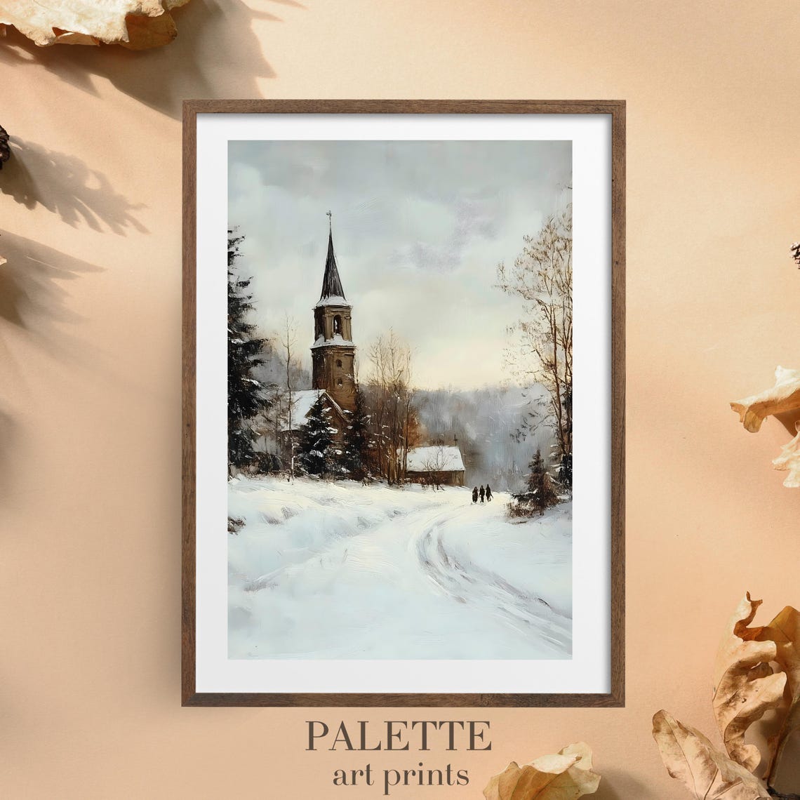 Snow Covered Village Church Steeple With Travelers Winter Wall Art - Image 3