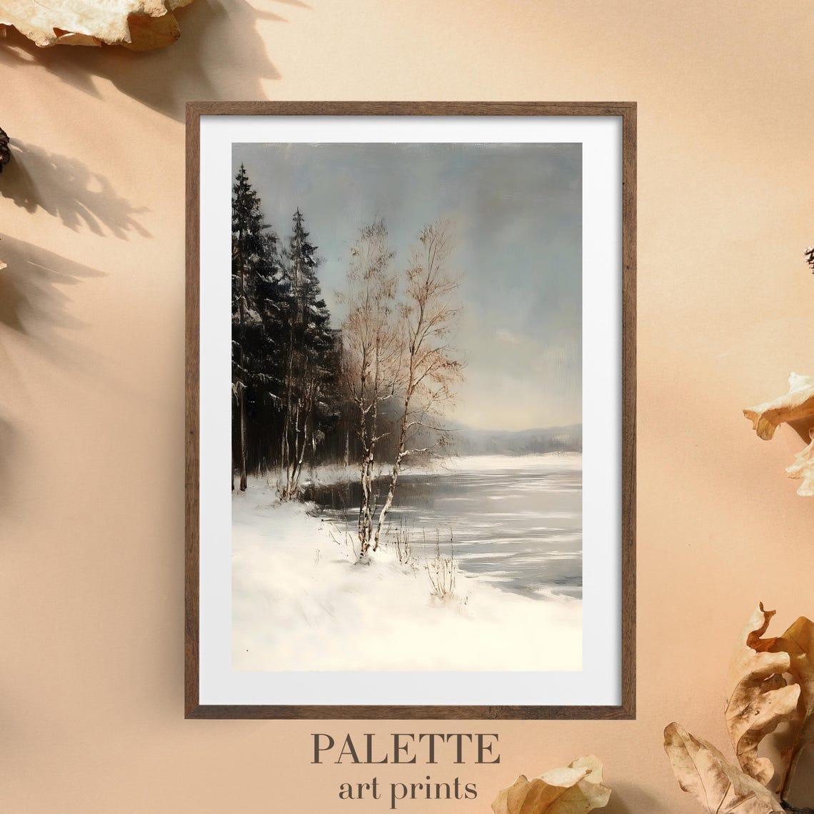 Snowy Birch Trees Along a Frozen Lakeshore Serene Winter Wall Art - Image 2