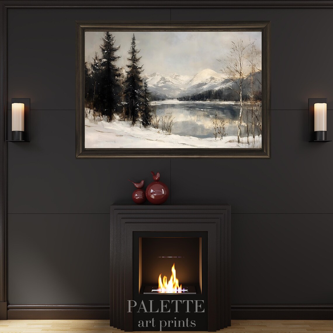 Winter Mountain Lake Snowy Pines Moody Vintage Landscape Poster - Image 3
