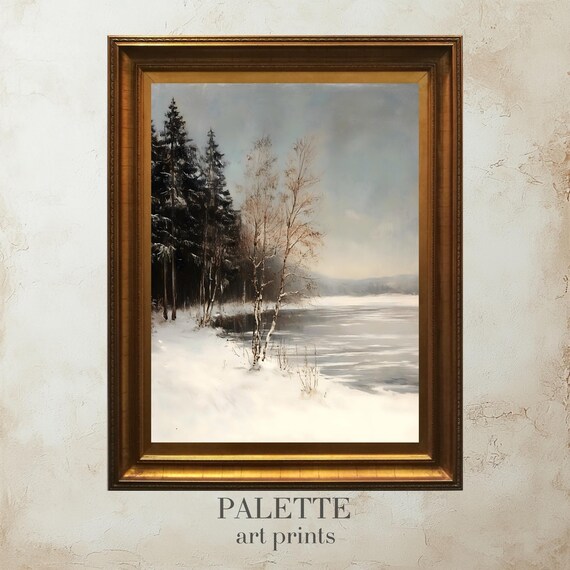 Snowy Birch Trees Along a Frozen Lakeshore Serene Winter Wall Art