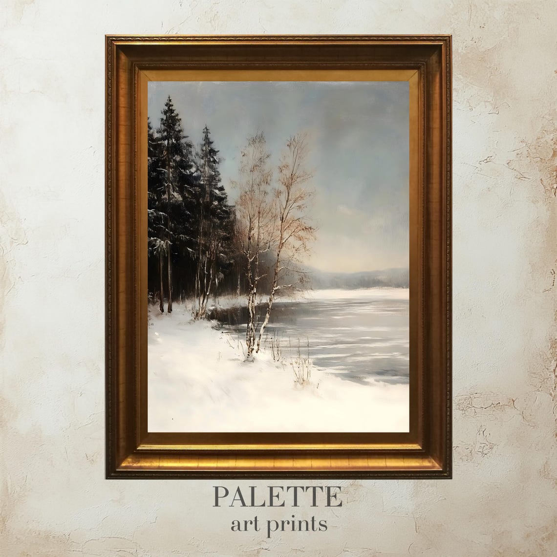 Snowy Birch Trees Along a Frozen Lakeshore Serene Winter Wall Art