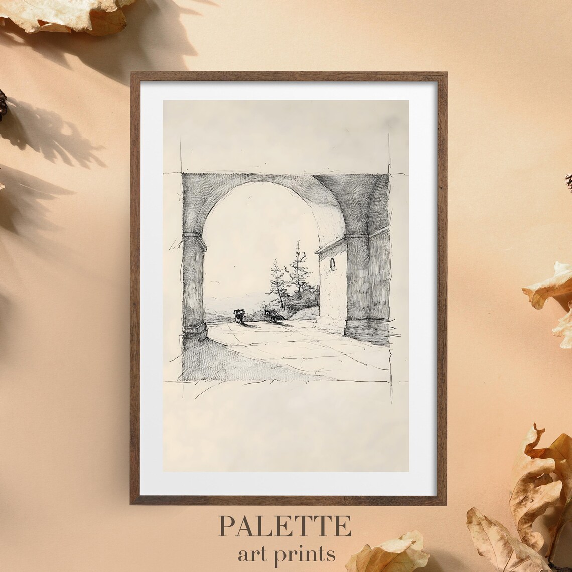 Old Stone Archway Overlooking the Landscape Pencil Sketch Wall Art - Image 3