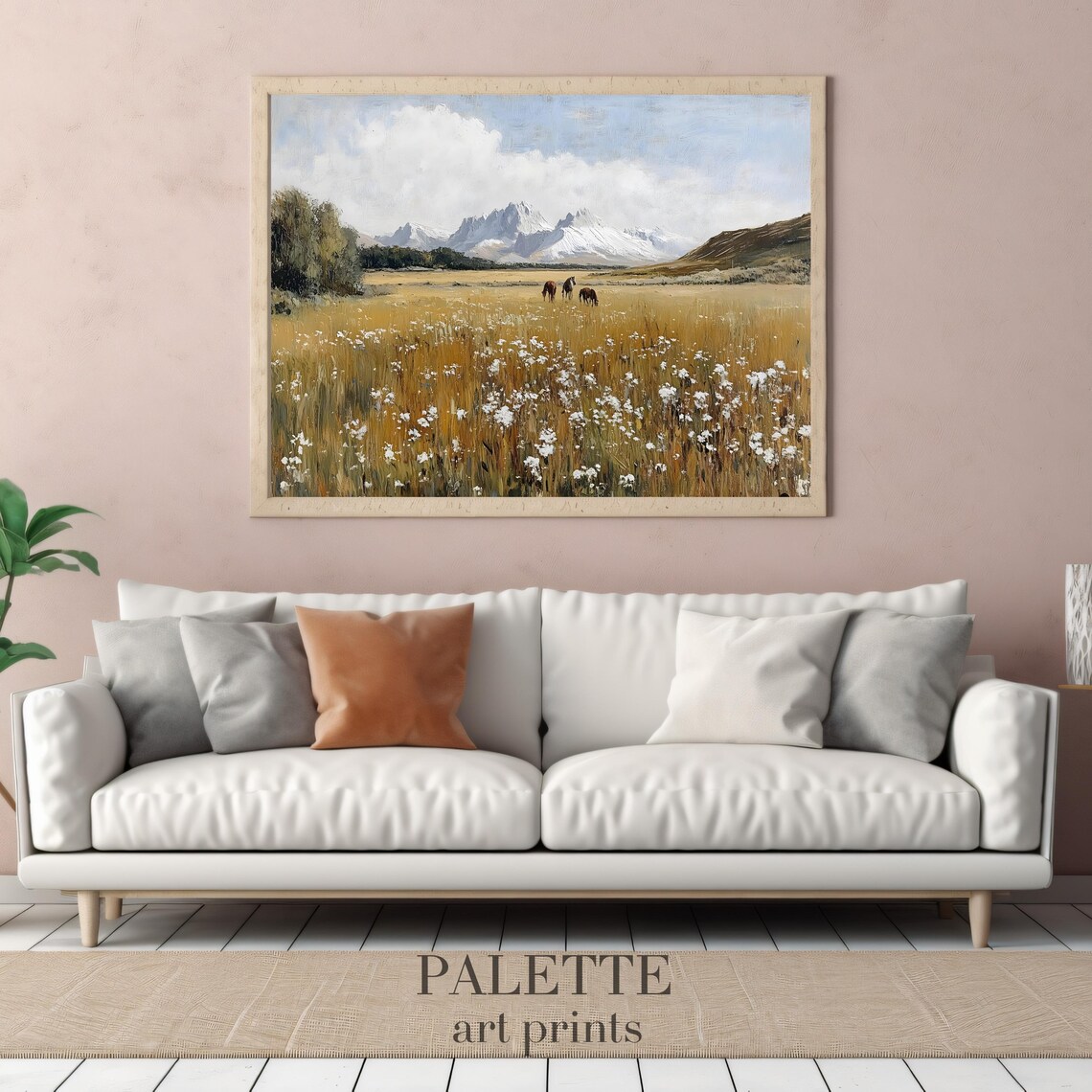 Horses in Golden Field Snowy Mountains Vintage Equestrian Poster - Image 2