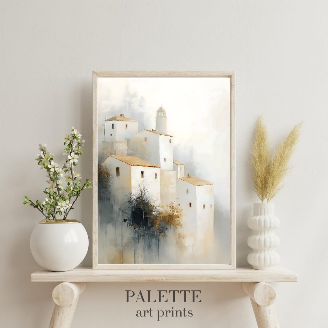 Whitewashed Hilltop Village in Mist Soft Neutral Tones Painting Poster - Image 3