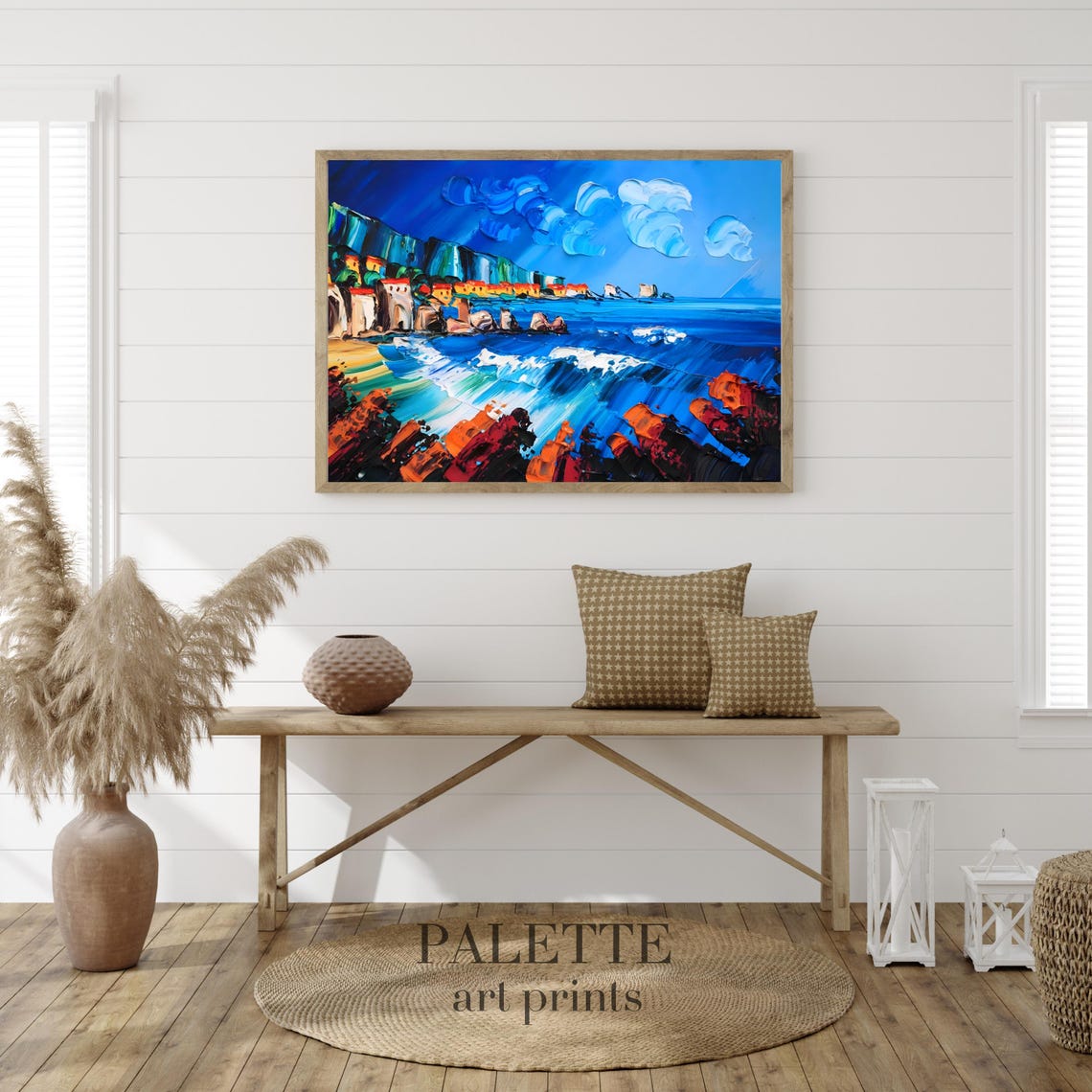 Blue Coastal Town Cliffs Above Crashing Waves Impasto Art Poster - Image 2