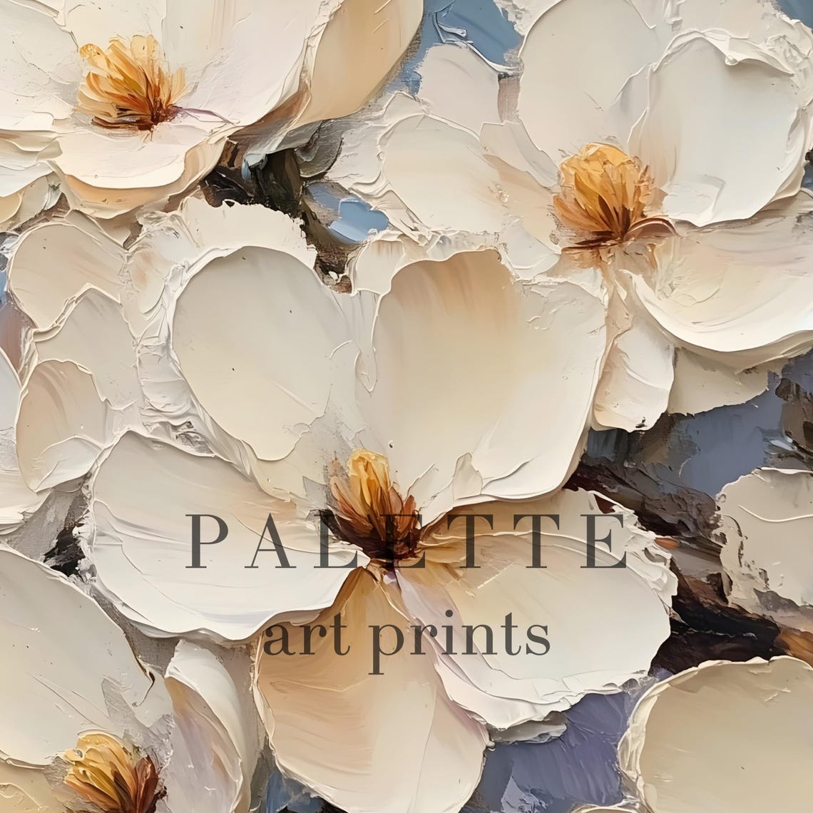 White Blossom Branch Pale Blue Impasto Spring Floral Painting Poster - Image 2