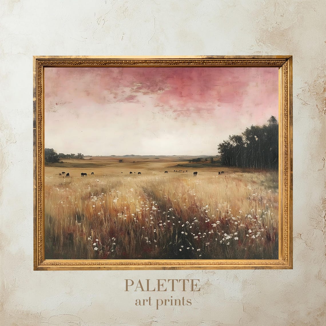 Cattle Grazing Prairie Rose Pink Sky Golden Field Landscape Poster