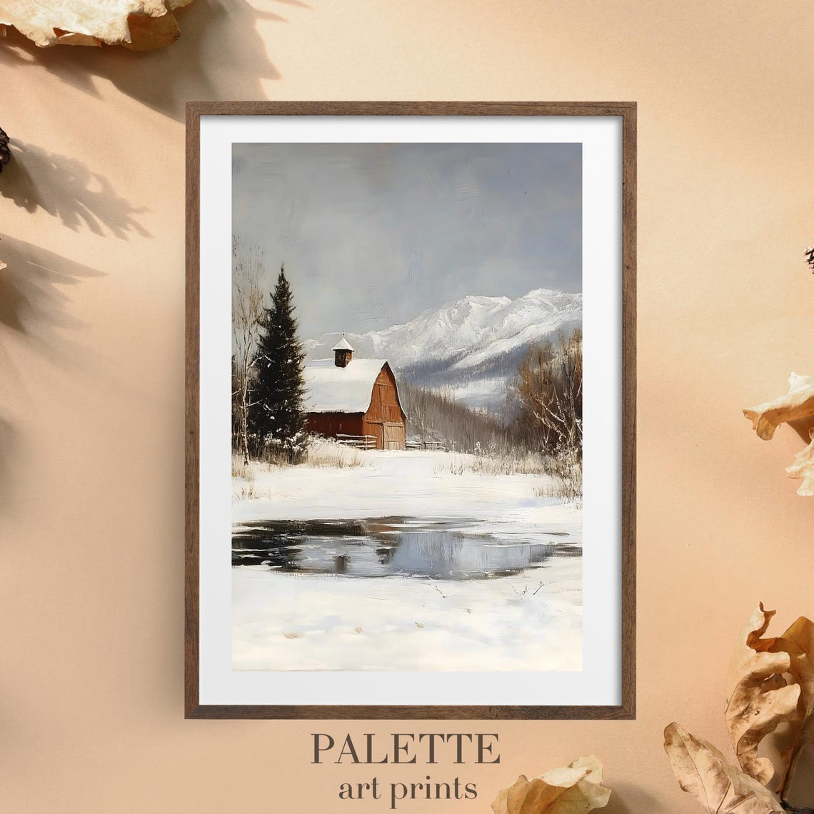 Red Barn Snowy Field Mountain View Frozen Pond Winter Painting Poster - Image 3