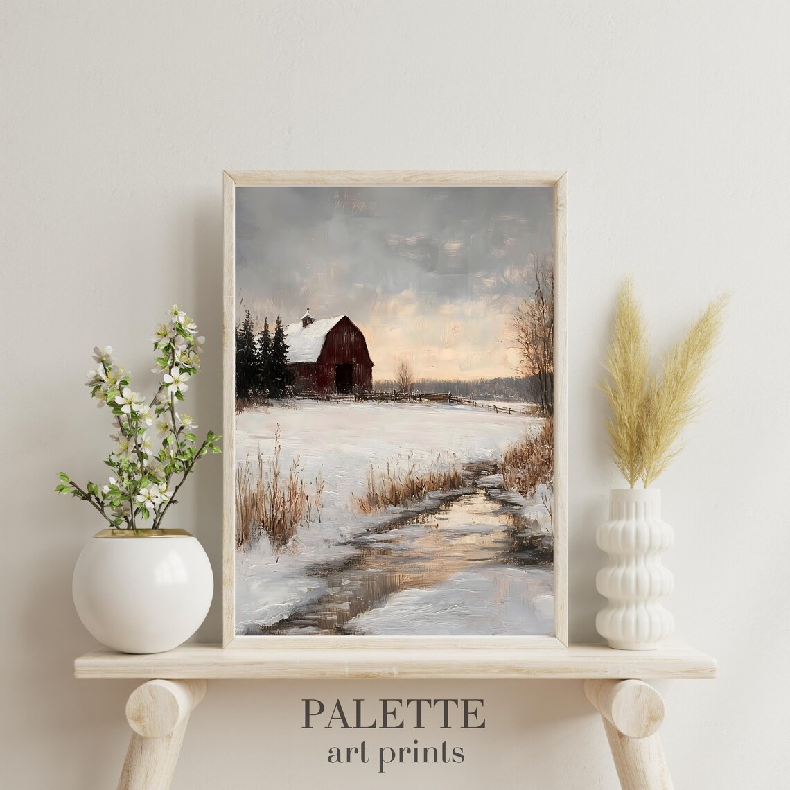 Red Barn Snowy Field Dusk Glow Winding Stream Vintage Painting Poster - Image 3