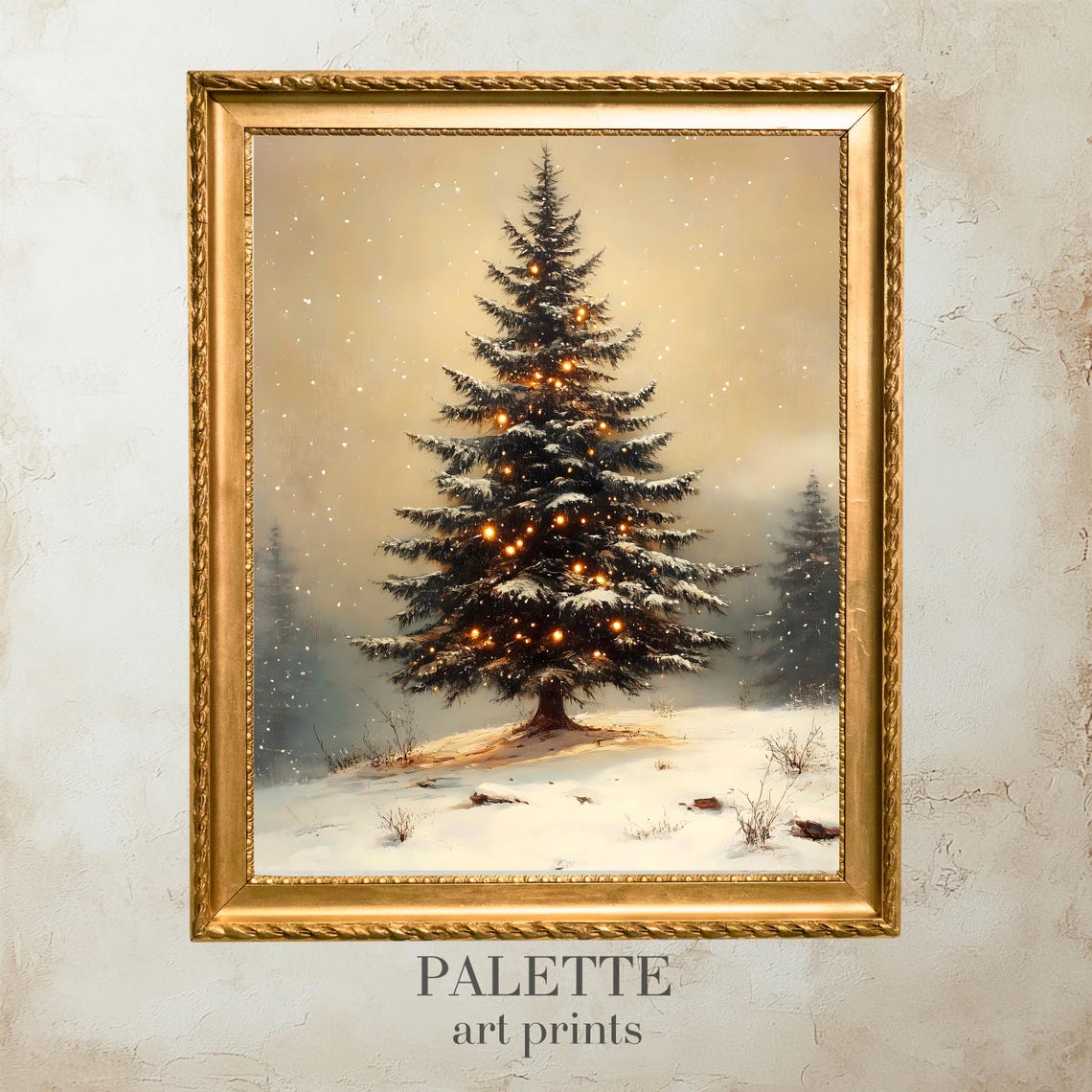 Snow Covered Christmas Tree Glowing Lights Falling Snow Wall Art
