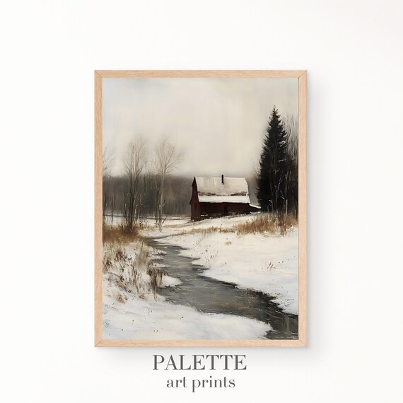 Red Barn Winding Stream Snowy Field Tall Pine Rustic Painting Poster