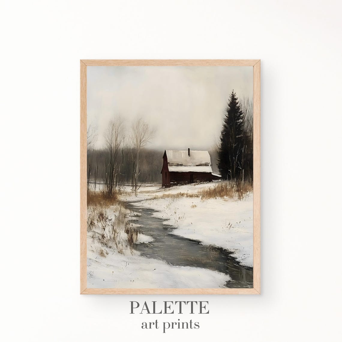 Red Barn Winding Stream Snowy Field Tall Pine Rustic Painting Poster
