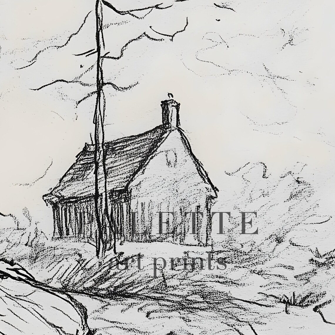 Woman Seated on Hillside Cottage Pencil Sketch Vintage Figure Drawing Poster - Image 2
