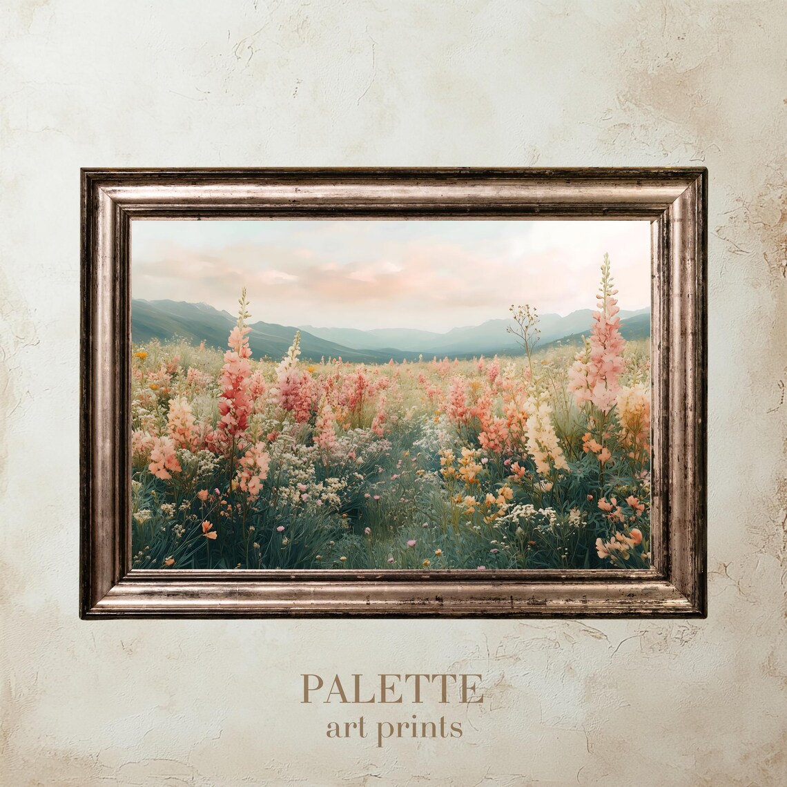 Colorful Wildflower Field With Pink Blossoms Beneath Mountains Poster