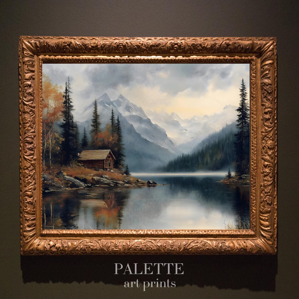 Cabin By The Lake Art Print Cozy Mountain Landscape Painting Rustic Wall Decor Aut001 - Image 3