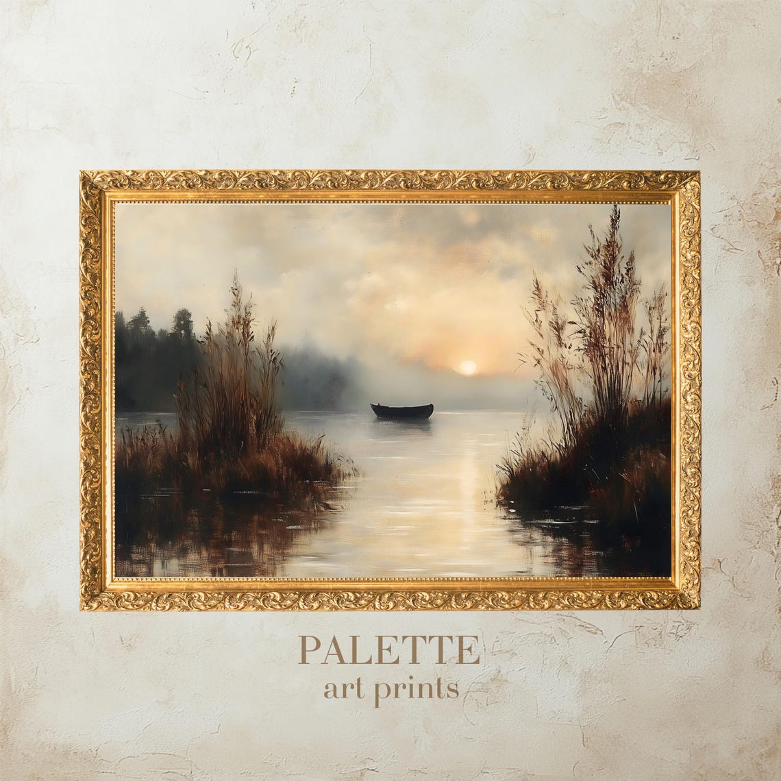 Lone Boat Misty Lake Sunrise Reeds Serene Waterscape Painting Poster