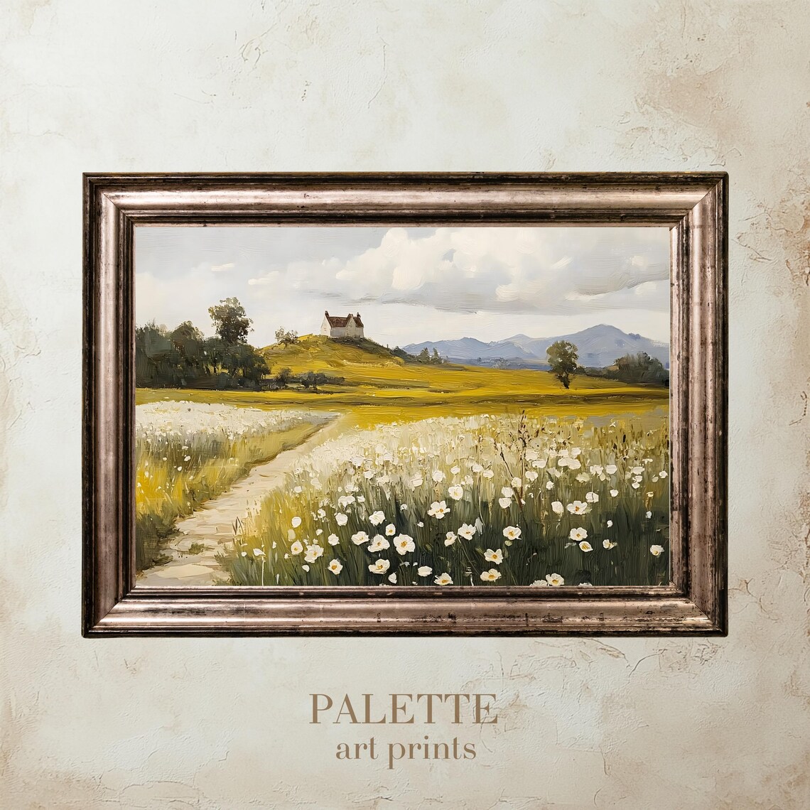 White Wildflower Path Country House Mountain View Landscape Poster