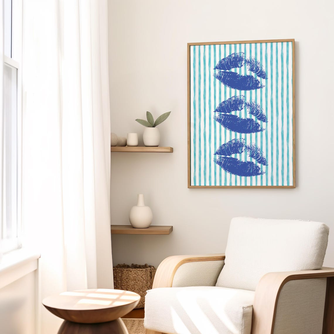 Blue Lipstick Kiss Prints On Striped Background Retro Wall Art