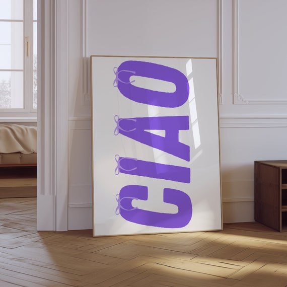 Ciao Quote Print Italian Poster Minimalistic Typography Retro Bar Cart Art Trendy Bow Print Purple Gallery Wall Art