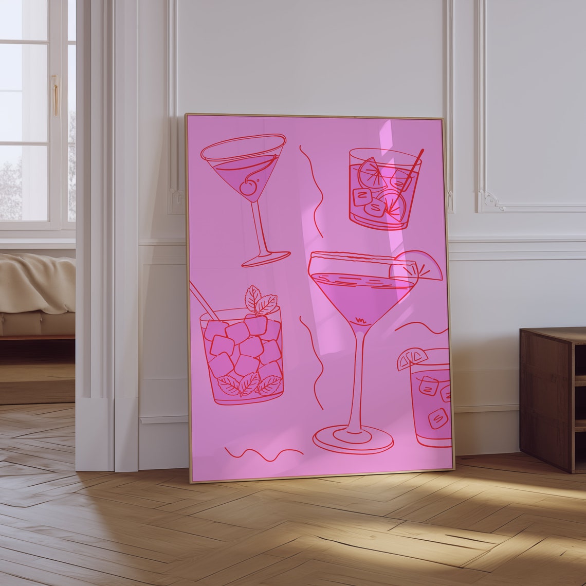Pink Cocktail Line Art Martini Mojito Glasses Trendy Bar Cart Print