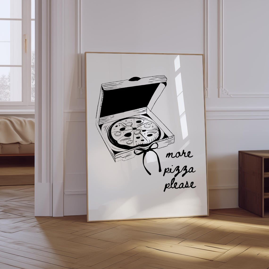 More Pizza Please Black and White Pizza Box Kitchen Art Poster