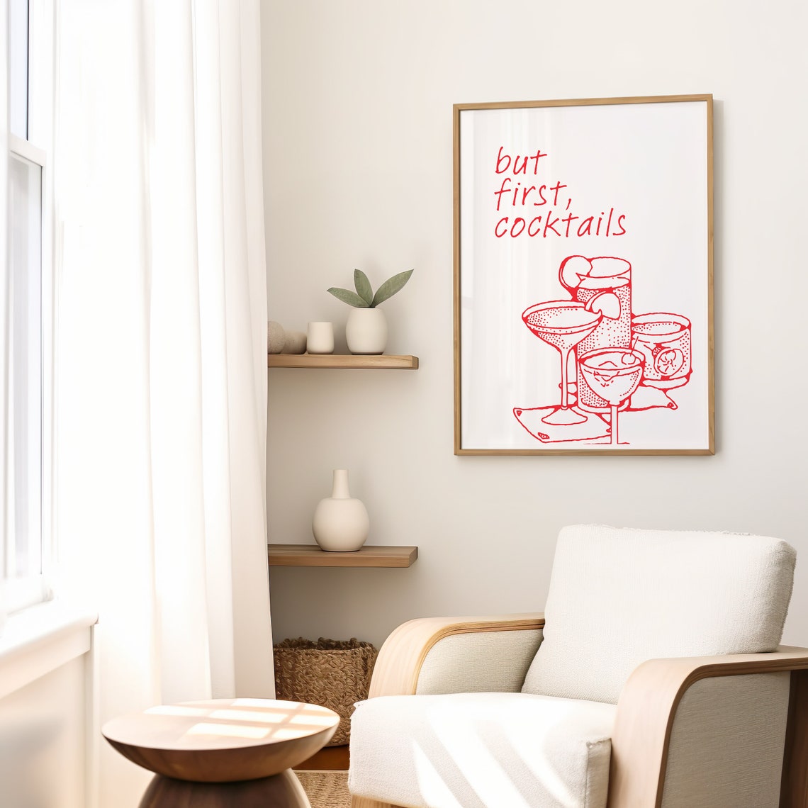 But First Cocktails Red Line Art Cocktail Glasses Bar Cart Art Poster - Image 2