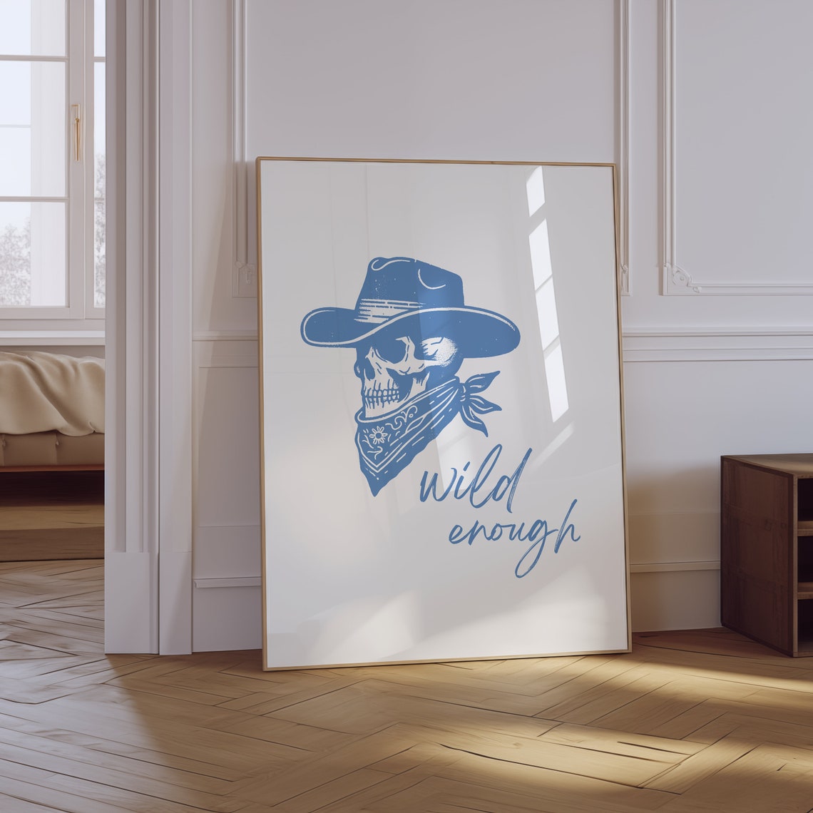 Wild Enough Blue Skull Cowboy Hat and Bandana Western Graphic Poster