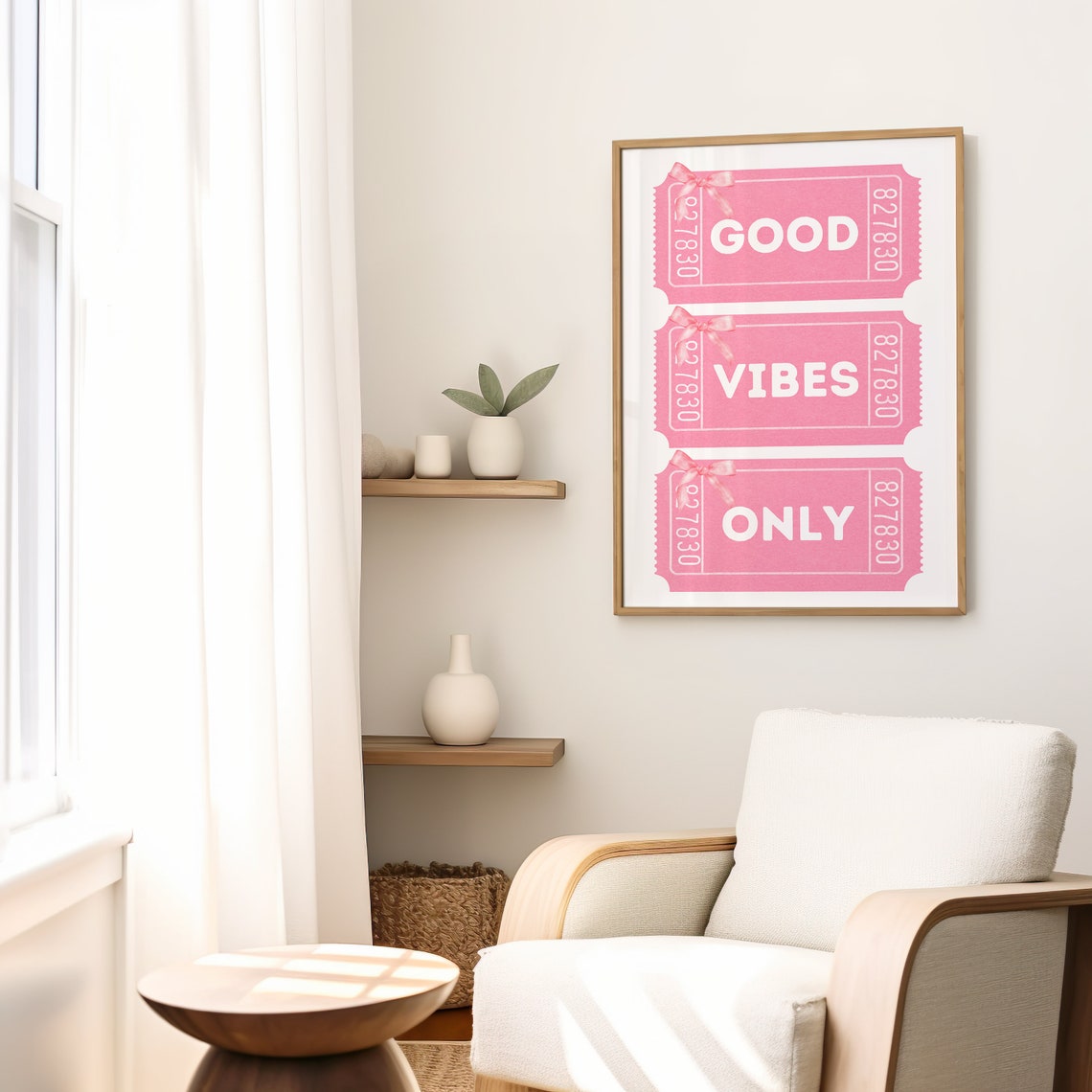 Good Vibes Only Pink Retro Ticket Typography Bow Coquette Wall Art - Image 2