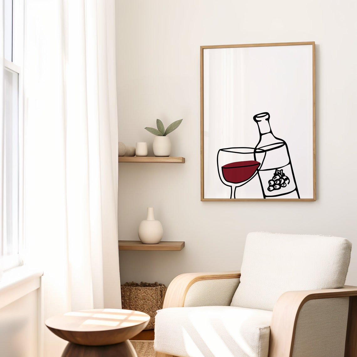 Red Wine Bottle and Glass Minimalist Black Line Art Kitchen Poster - Image 2