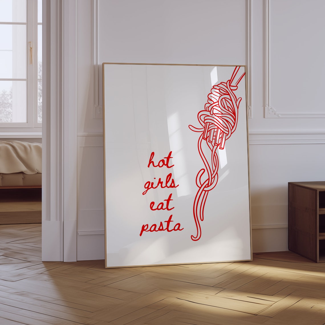 Hot Girls Eat Pasta Red Spaghetti Fork Retro Foodie Kitchen Poster