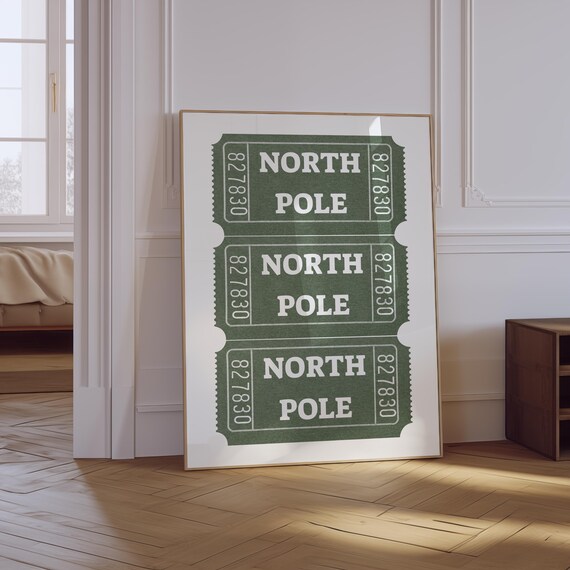 North Pole Green Retro Ticket Stub Christmas Holiday Art Poster