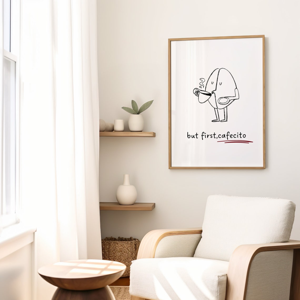 But First Cafecito Smiling Coffee Bean Line Art Kitchen Poster - Image 2
