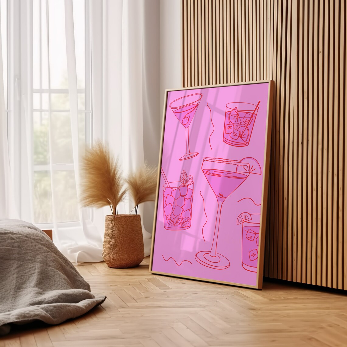 Pink Cocktail Line Art Martini Mojito Glasses Trendy Bar Cart Print - Image 3