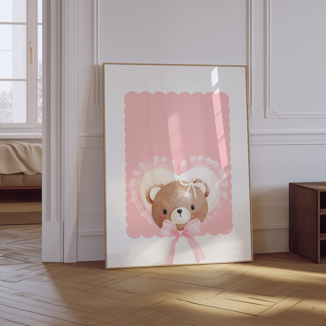 Teddy Bear Face Pink Bow Scalloped Panel Coquette Nursery Poster