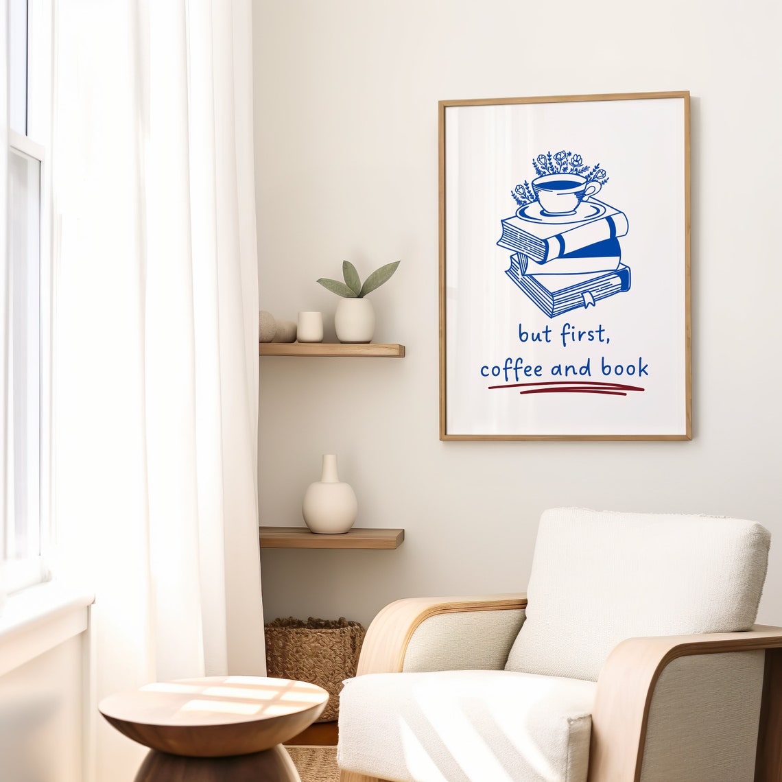 But First Coffee and Book Blue Line Art Cozy Reader Quote Wall Art - Image 2