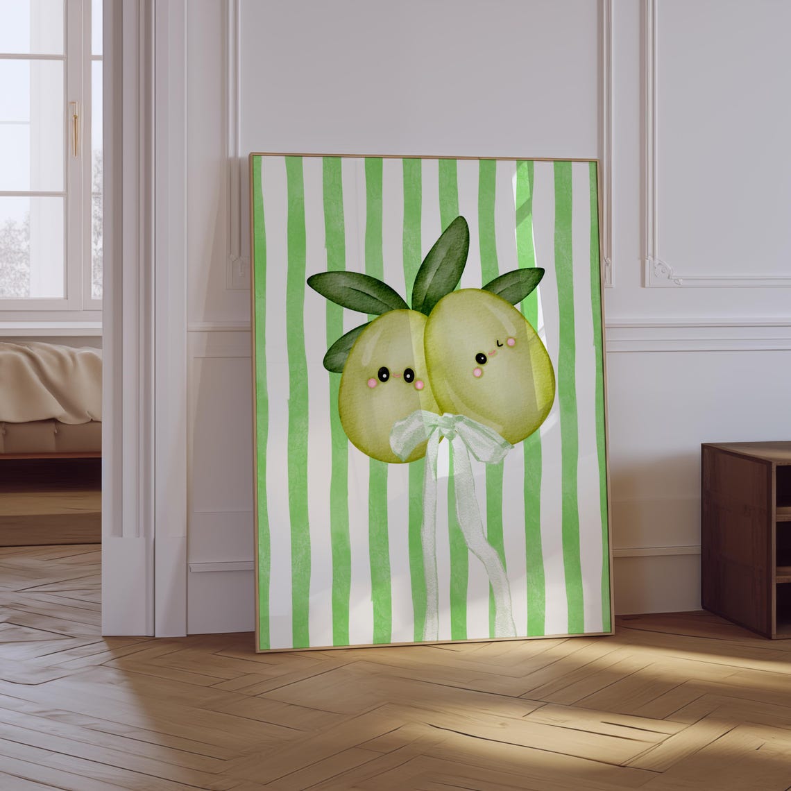 Olive You Cute Kawaii Smiling Olive Couple Green Stripe Wall Art