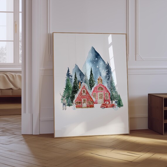 Snowy Red Cabins Watercolor Winter Village Poster Mountain Scene Art