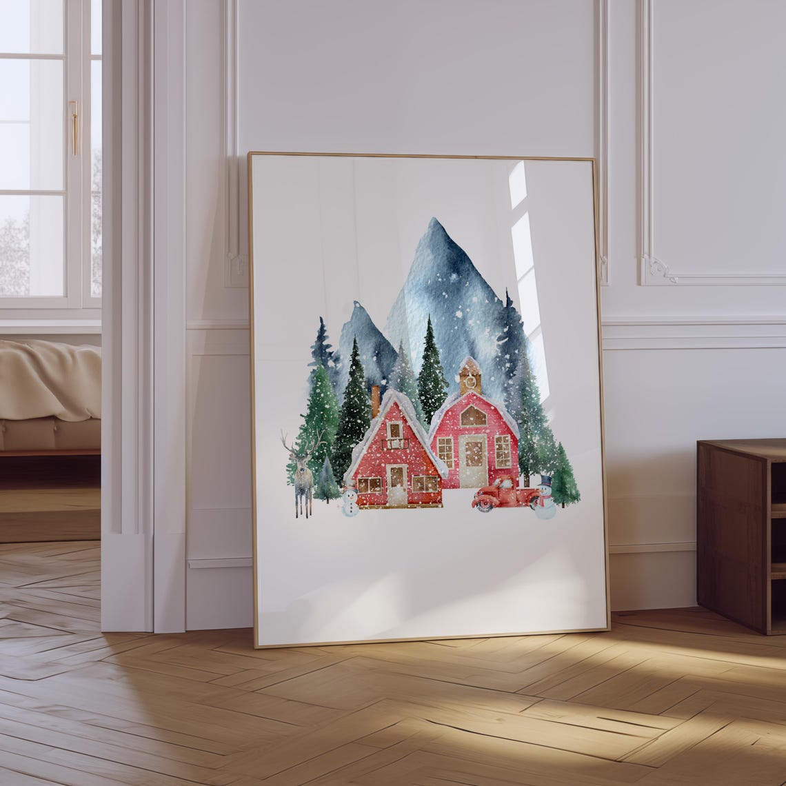 Snowy Red Cabins Watercolor Winter Village Poster Mountain Scene Art