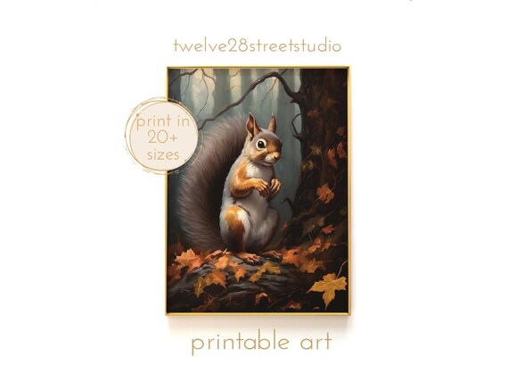Red Squirrel Autumn Forest Floor Fall Leaves Cute Animal Painting Wall Art