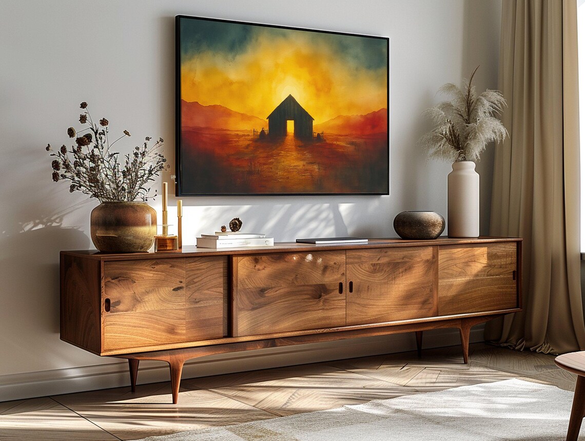 Desert Barn Sunset Silhouette Western Ranch Vintage Painting Wall Art - Image 3