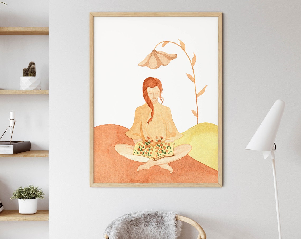 Redhead Girl Reading Watercolor Boho Book Lover Botanical Poster - Image 3