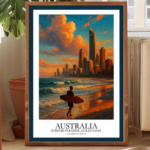 Surfers Paradise Retro Travel Poster Gold Coast Australia