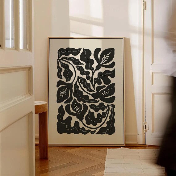 Black Flower Matisse Style Abstract Botanical Line Art Minimalist Poster