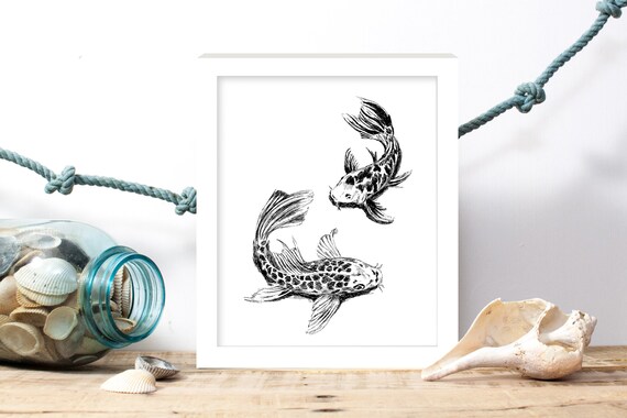 Koi Fish Ink Sketch Two Koi Swimming Japanese Style Art Poster