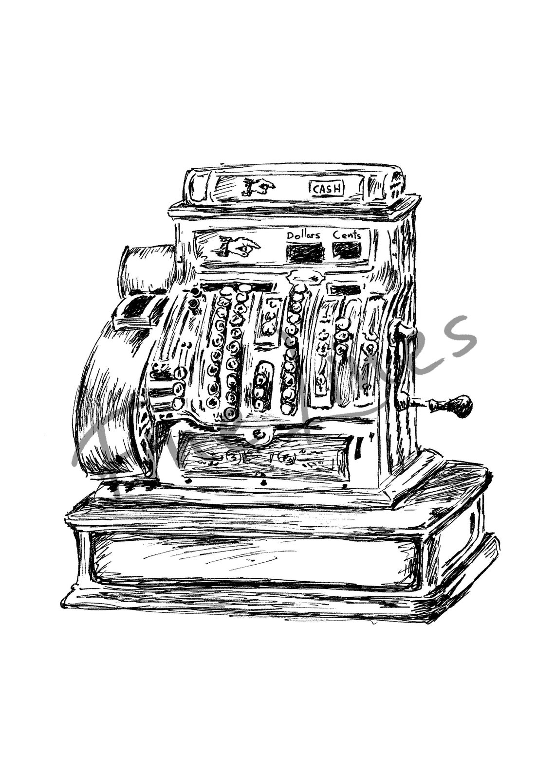 Vintage Cash Register Pen Sketch Antique Shop Counter Art Poster - Image 2