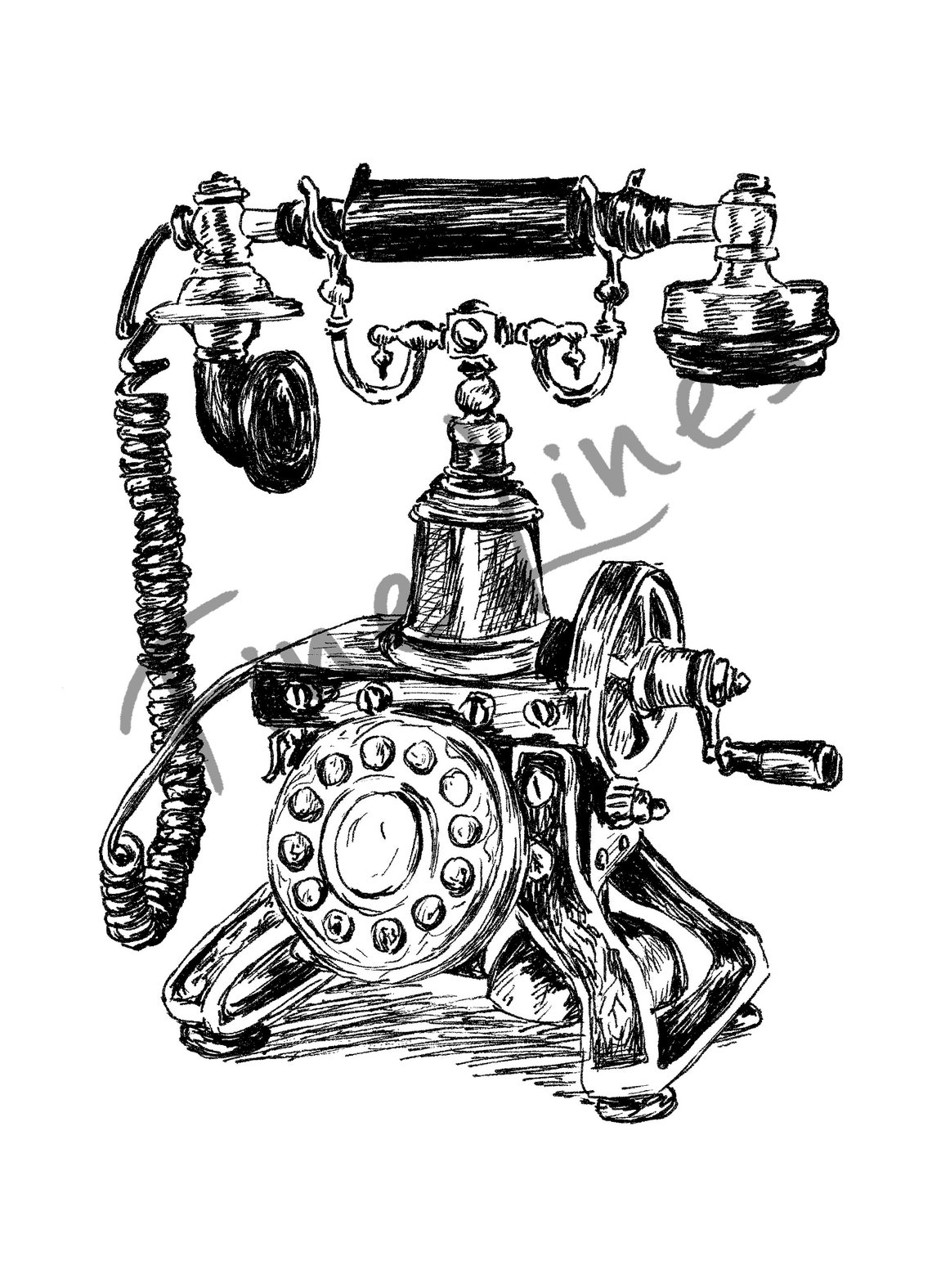 Vintage Rotary Telephone Black and White Sketch Style Wall Art - Image 2