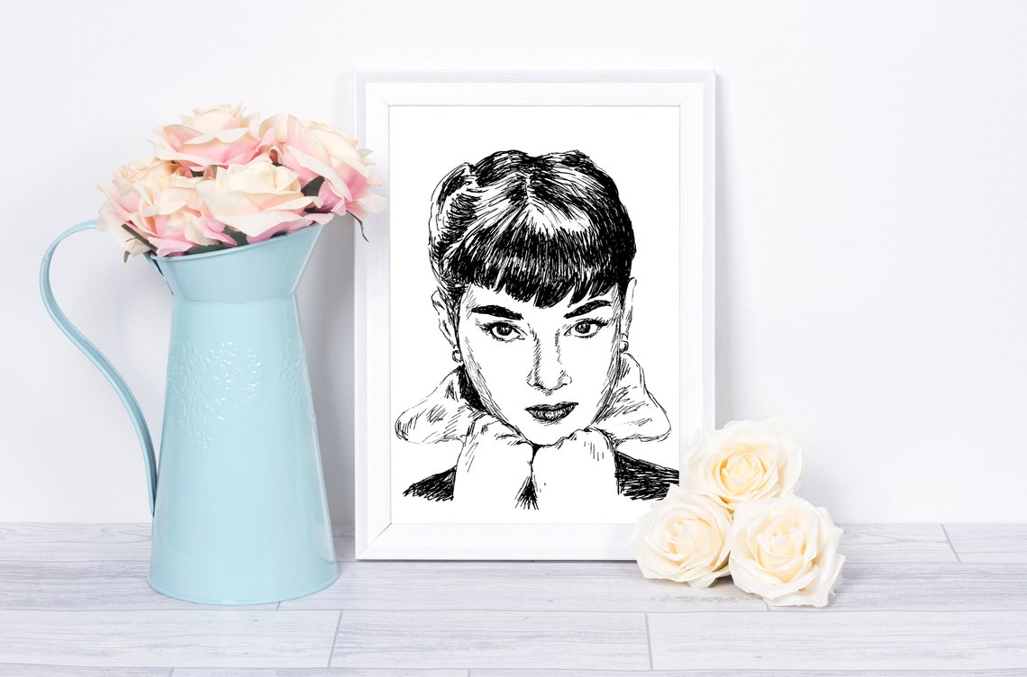 Audrey Hepburn Ink Portrait Black White Hollywood Icon Sketch Print