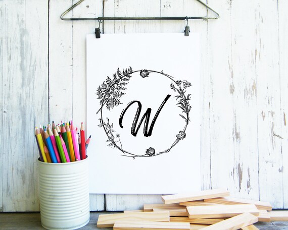 Personalized Botanical Wreath Monogram Letter W Initial Art Print